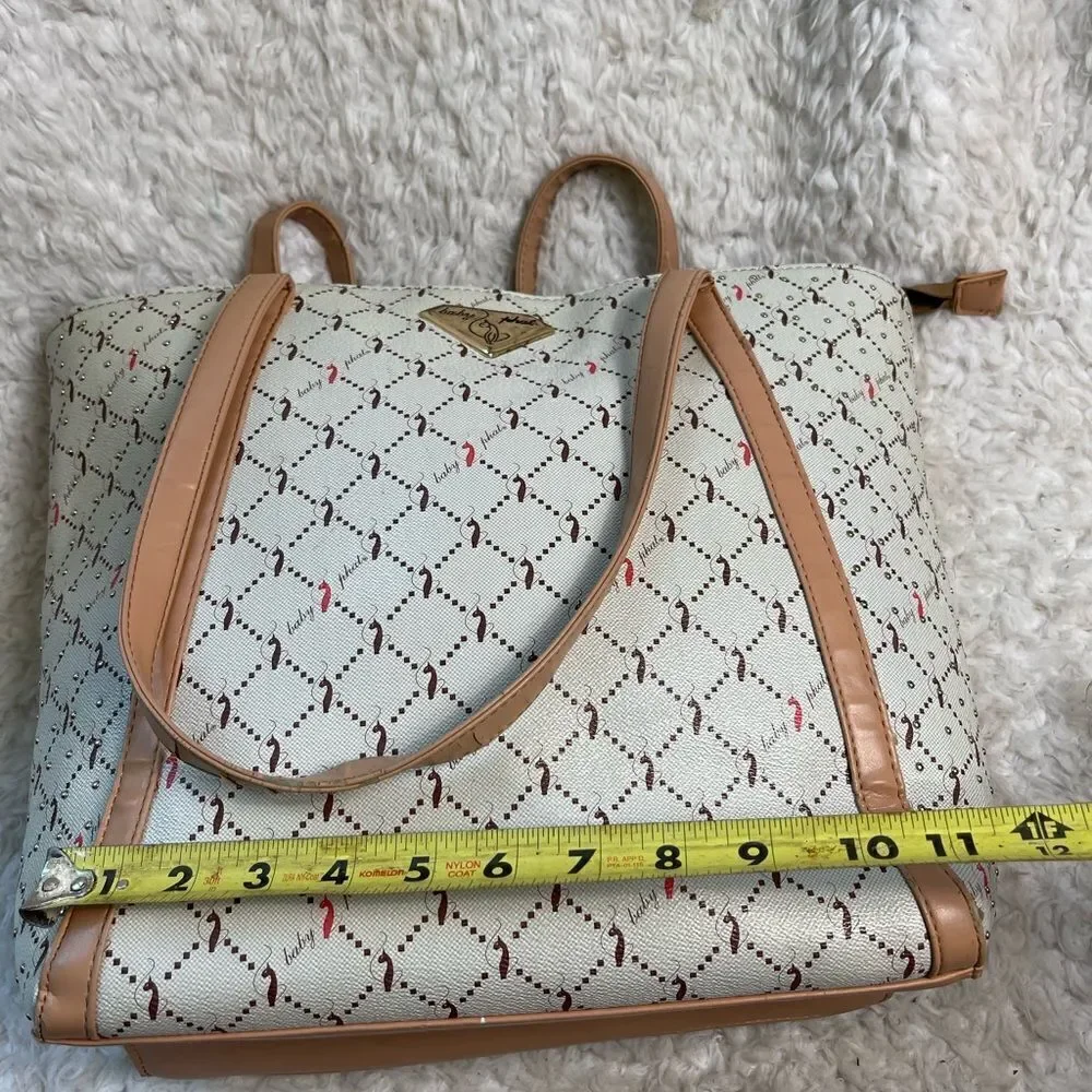 Babyphat beige logo brown & orange large tote with tan traps studs accents
